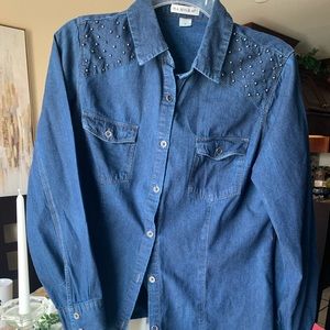 Beautiful denim blouse long sleeve with gray pearls on the chest